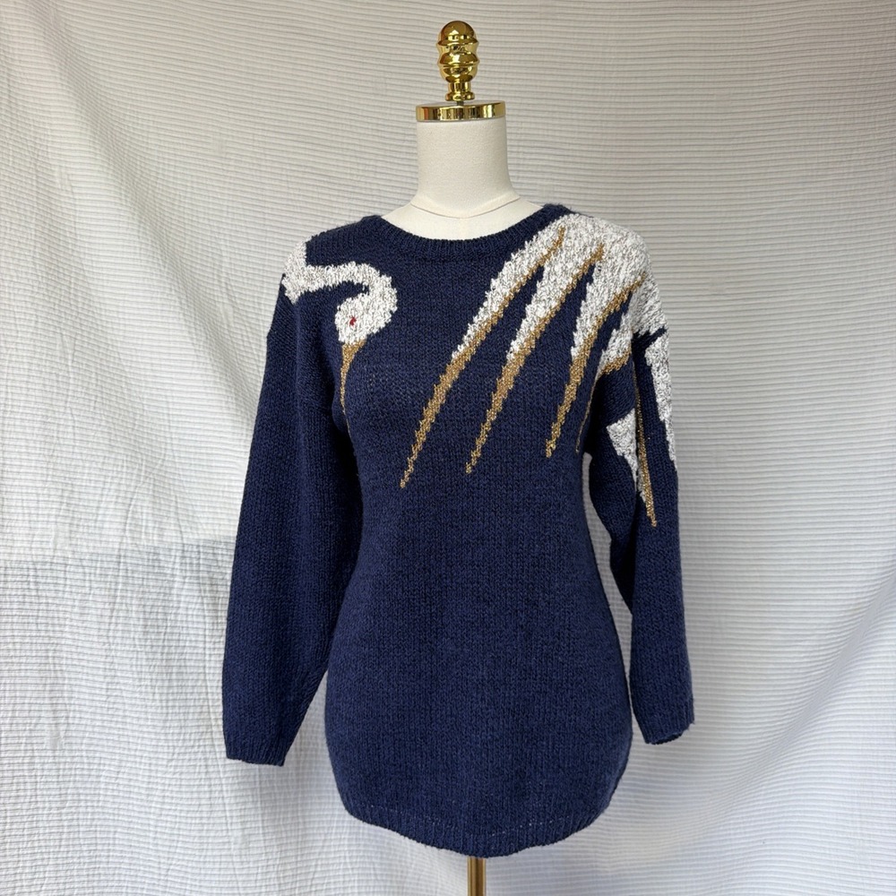 Vintage 1980 Blue Crane Swan Bird Knit Sweater Small Gold Threads Oversized